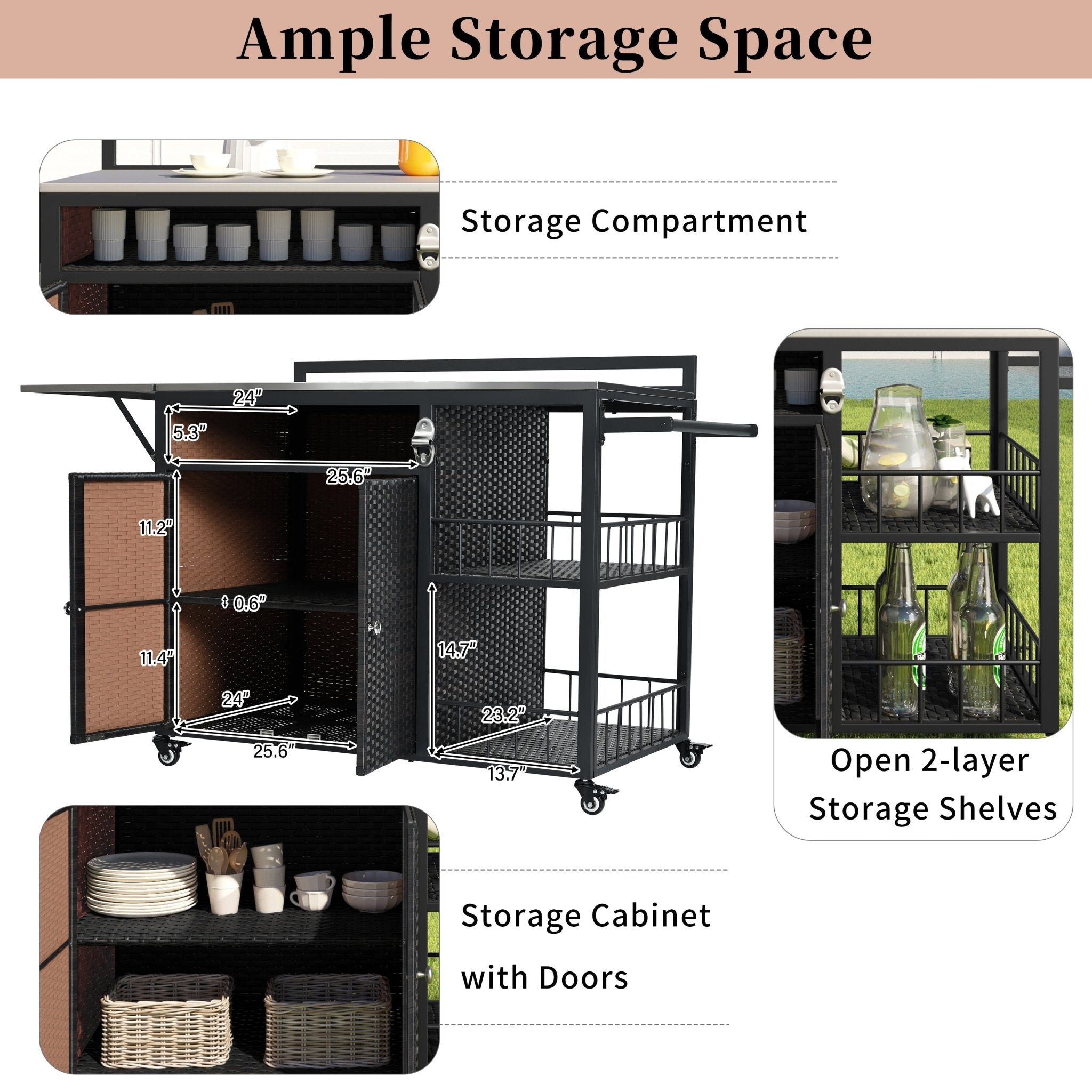 koorbiir k5 63.5" Outdoor Kitchen Island ¨C Rolling Kitchen Storage Island & Cooking Station with Foldable Side Tabletop, Ample Storage, Bottle Opener, Lockable Wheels for Patio & Backyard BBQ, Dark Brown - Koorbiir