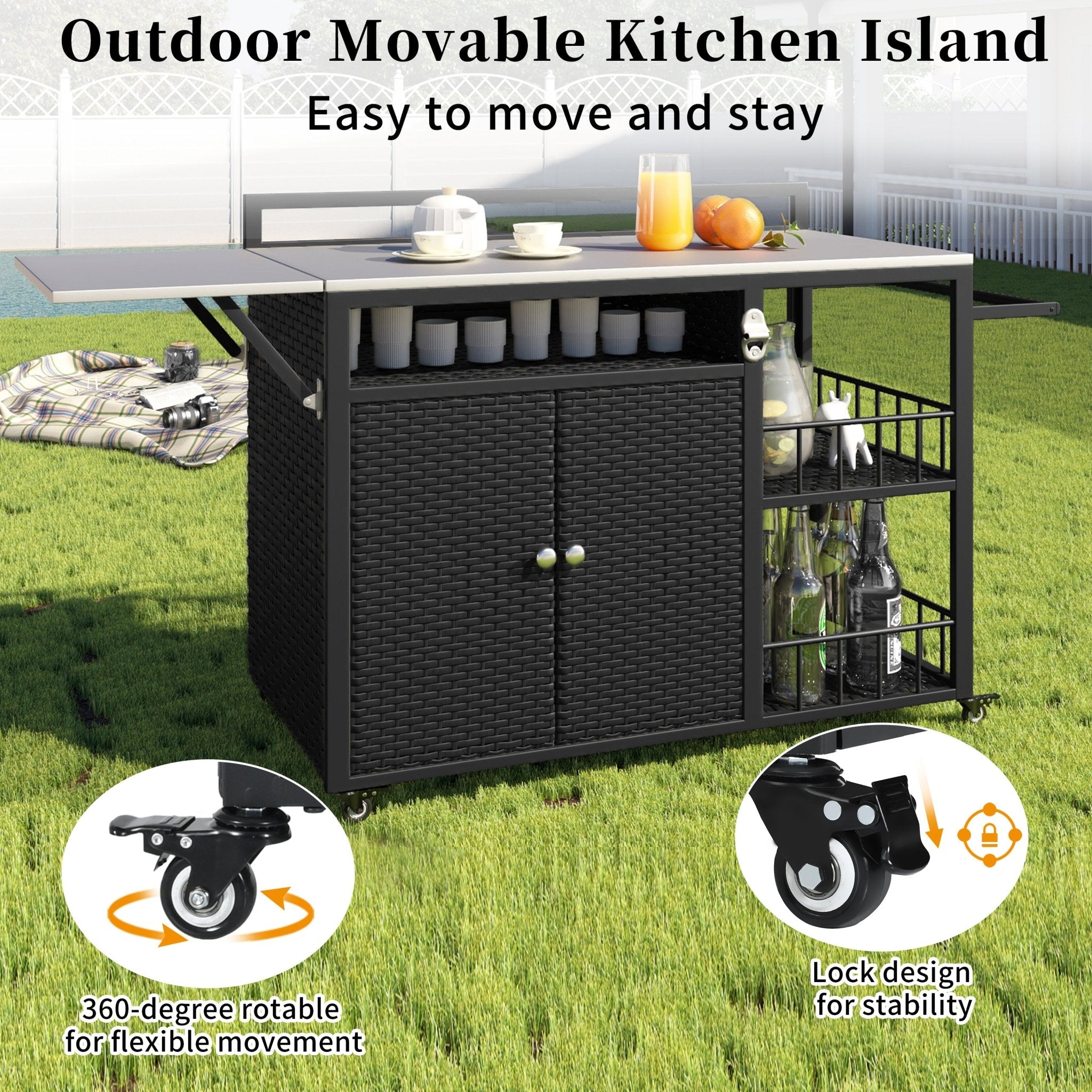 koorbiir k5 63.5" Outdoor Kitchen Island ¨C Rolling Kitchen Storage Island & Cooking Station with Foldable Side Tabletop, Ample Storage, Bottle Opener, Lockable Wheels for Patio & Backyard BBQ, Dark Brown - Koorbiir