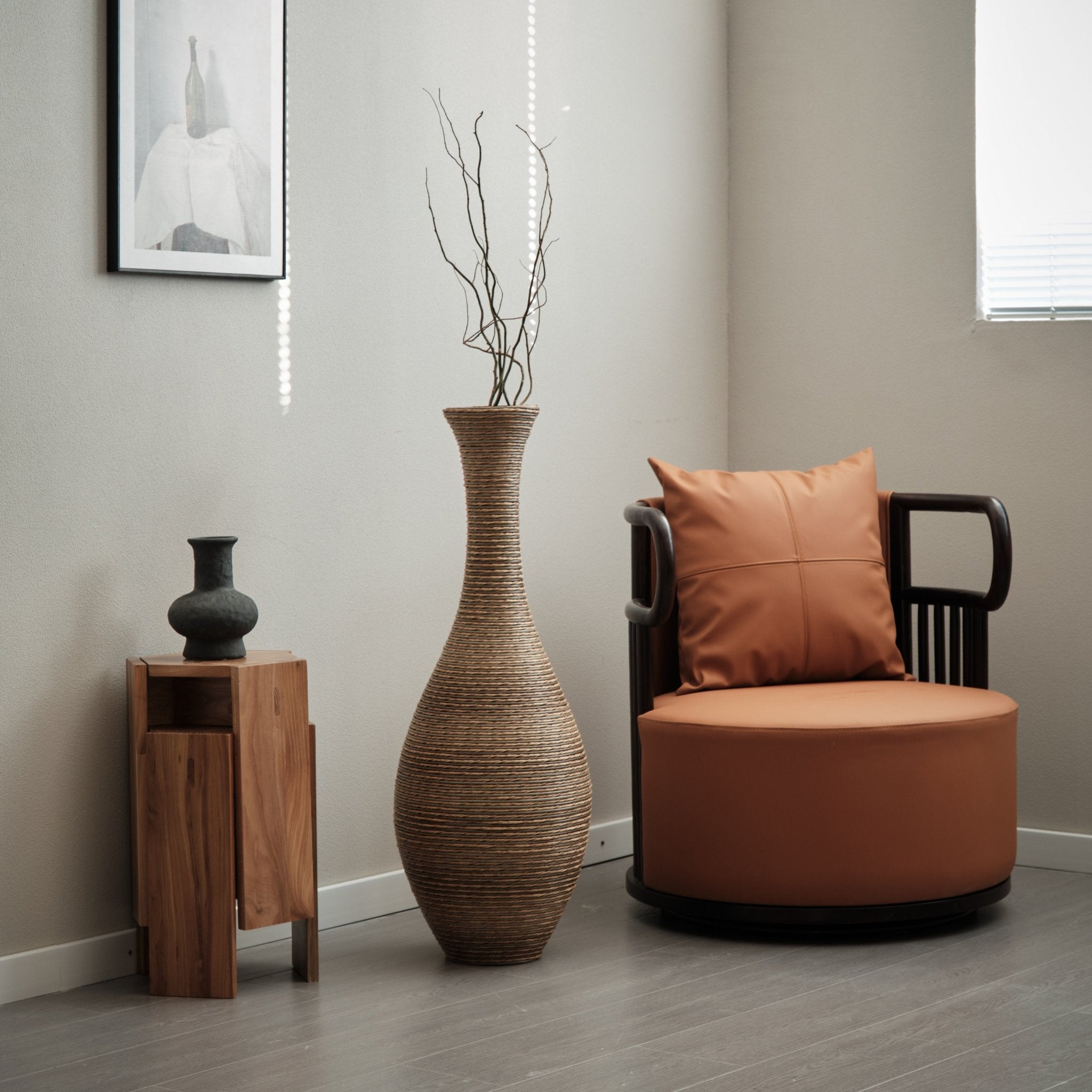 koorbiir va3 39 - Inch Tall Artificial Rattan Floor Vase in Beige ¨C Modern Decorative Vase for Living Room, Entryway, or Hallway ¨C Large Accent Vase for Dried or Silk Flowers - Koorbiir