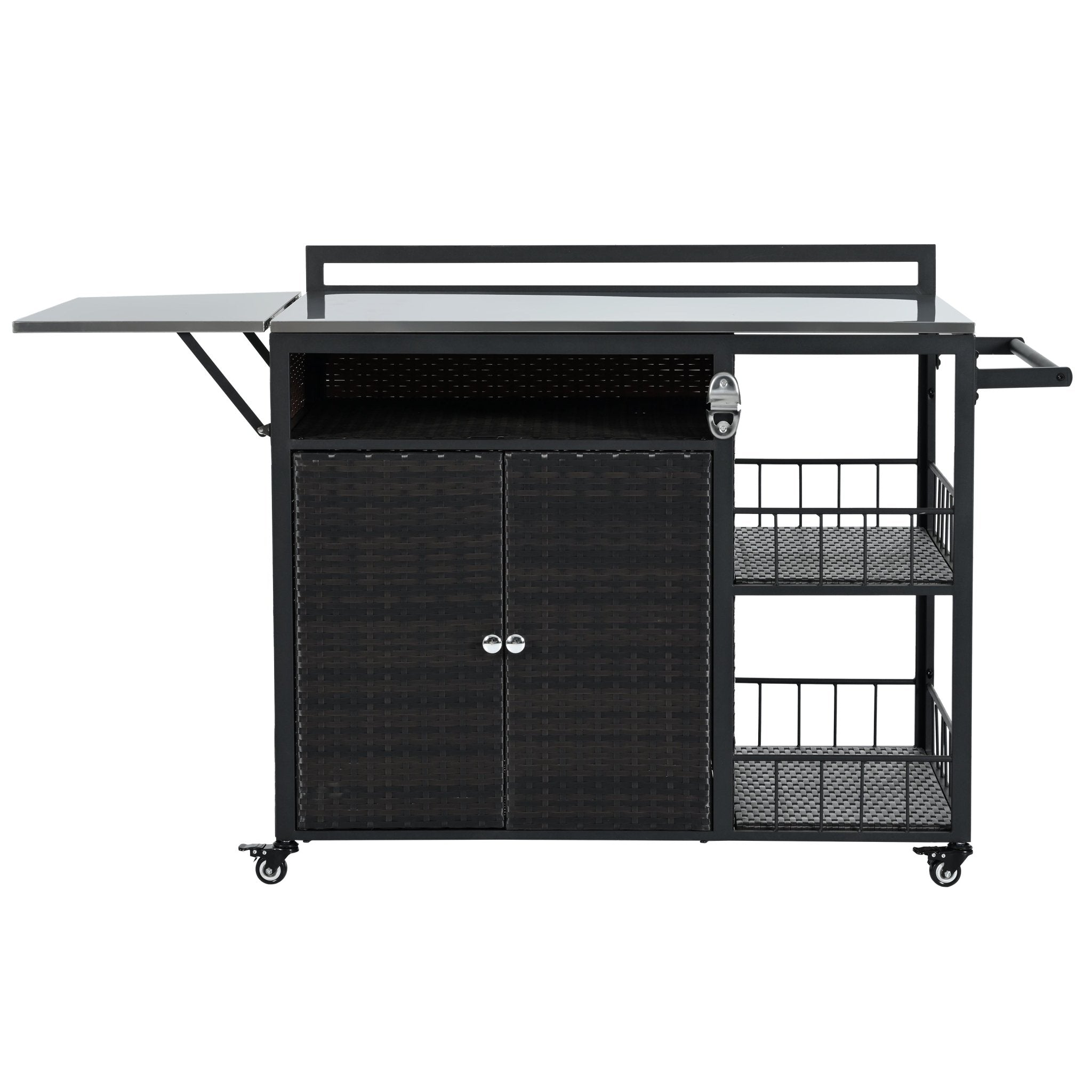 koorbiir k5 63.5" Outdoor Kitchen Island ¨C Rolling Kitchen Storage Island & Cooking Station with Foldable Side Tabletop, Ample Storage, Bottle Opener, Lockable Wheels for Patio & Backyard BBQ, Dark Brown - Koorbiir