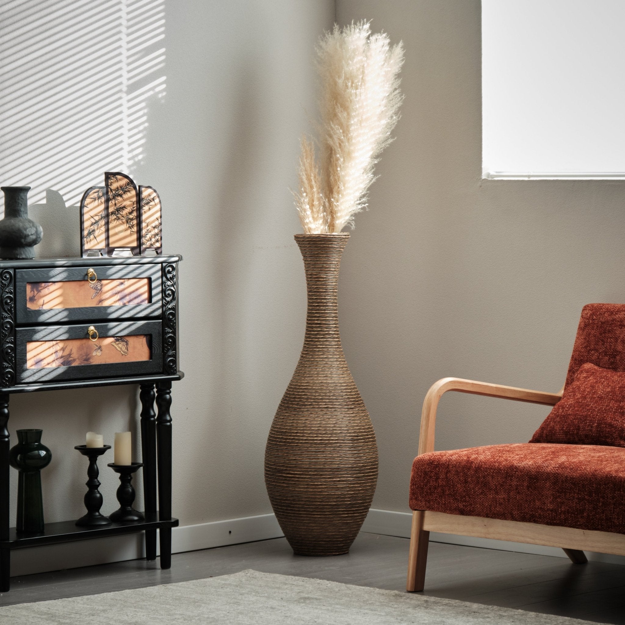 koorbiir va3 39 - Inch Tall Artificial Rattan Floor Vase in Beige ¨C Modern Decorative Vase for Living Room, Entryway, or Hallway ¨C Large Accent Vase for Dried or Silk Flowers - Koorbiir