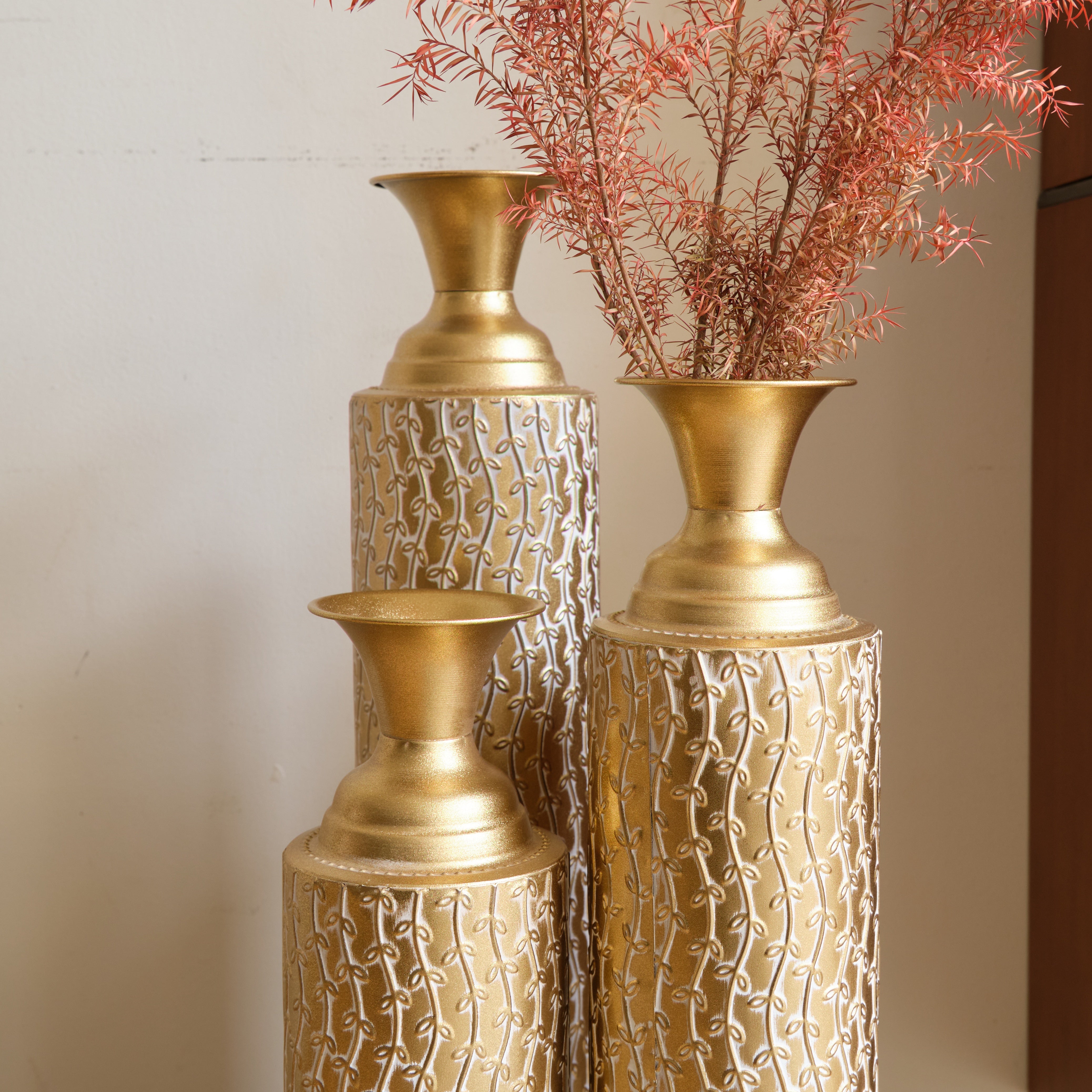 koorbiir va1 Set of 3 Gold Metal Decorative Vases ¨C Distressed Tall Floor Vases with Vine Patterns, Home D¨¦cor Centerpiece Vases (34", 29", 25"H)