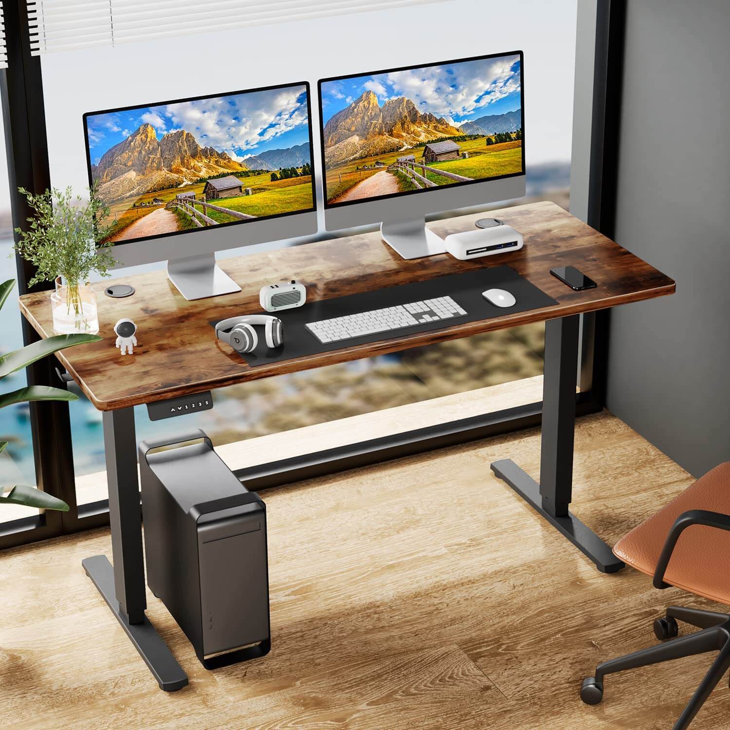 Electric Height Adjustable Standing Desk,Sit to Stand Ergonomic Computer Desk,Brown,55'' x 24"