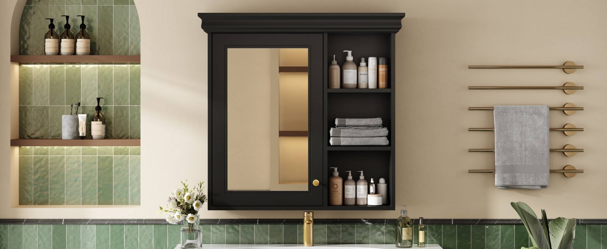 koorbiir ba6 30'' x 28'' Wall - Mounted Bathroom Medicine Cabinet with Mirror ¨C Over Toilet Storage Organizer for Bathroom Organization, Black MDF Cabinet - Koorbiir