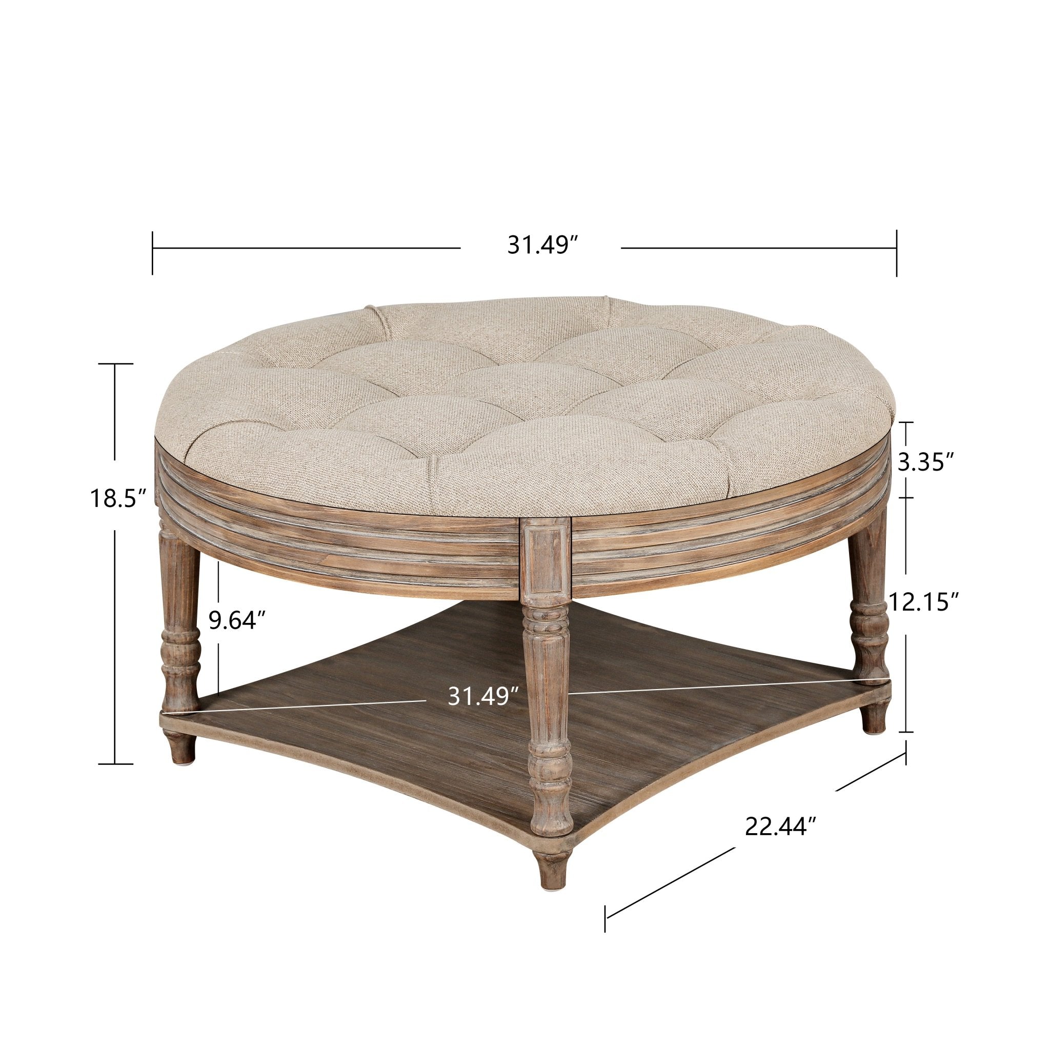 koorbiir ta2 Large Round Waterproof Ottoman Coffee Table with 2 - Tier Wooden Shelf ¨C Oversized Button Tufted Upholstered Footstool Ottoman, Farmhouse Style Table Linens (Light Gray) for Living Room - Koorbiir