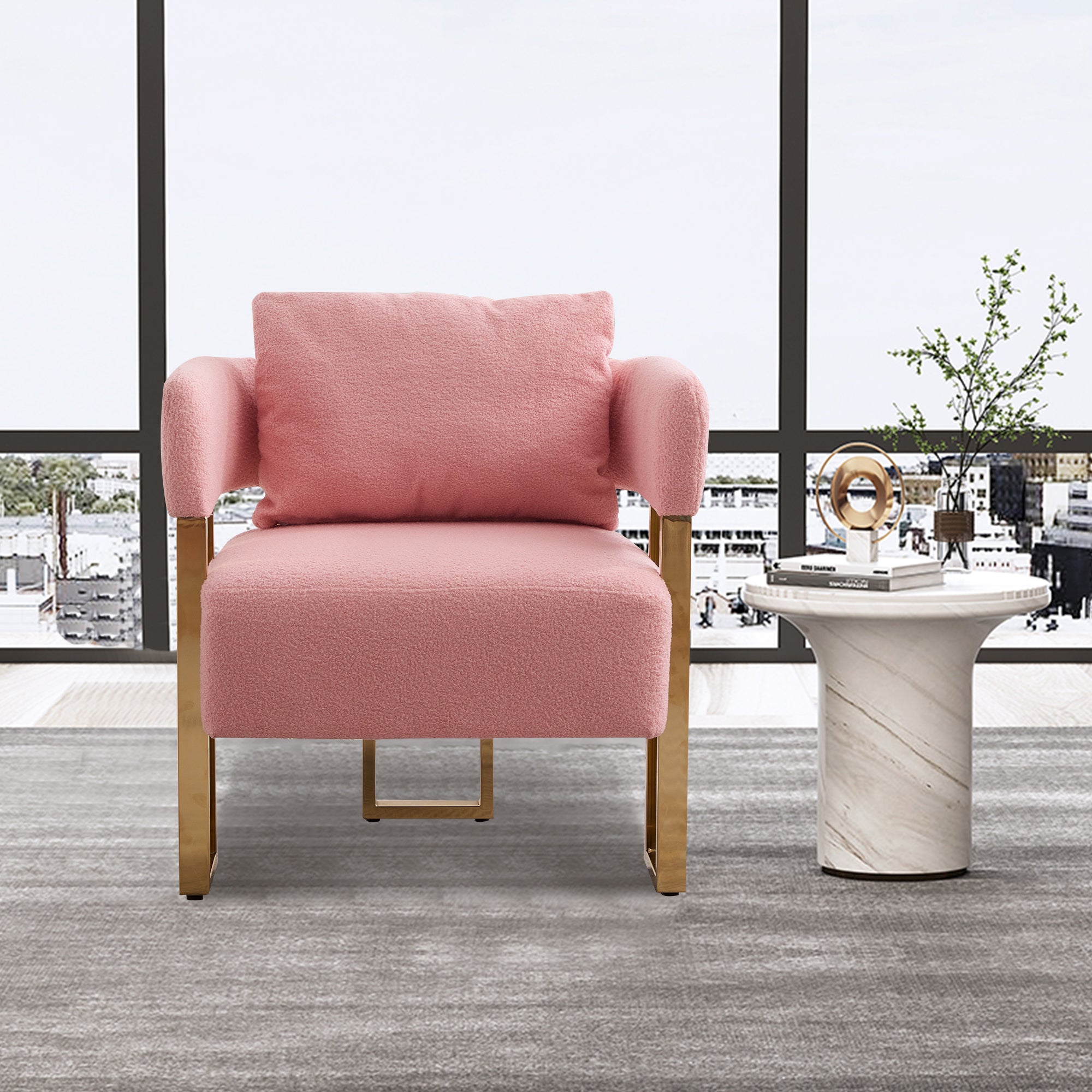 Koorbiir Modern decorative chair, living room side chair with gold metal legs, no wheels, suitable for dressing area, reception room, office,Teddy fleece upholstered metal foot sofas 2PCS Pink