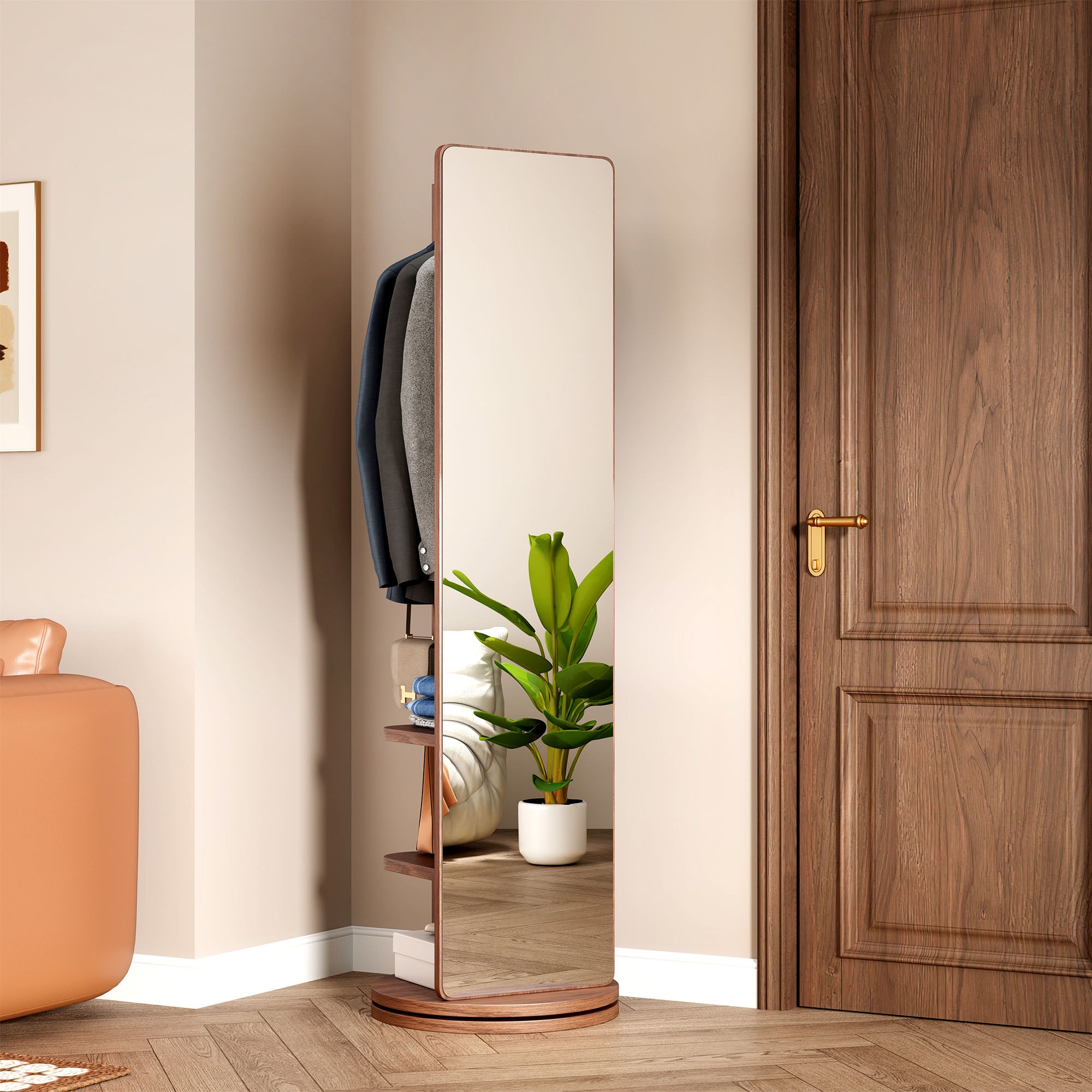 koorbiir mi1 360¡ã Rotating 66"x14" Full Length Mirror with Hook Storage Rack & Coat Rack, Solid Wood Floor Mirror for Bedroom, Living Room, Cloakroom - Space-Saving Design