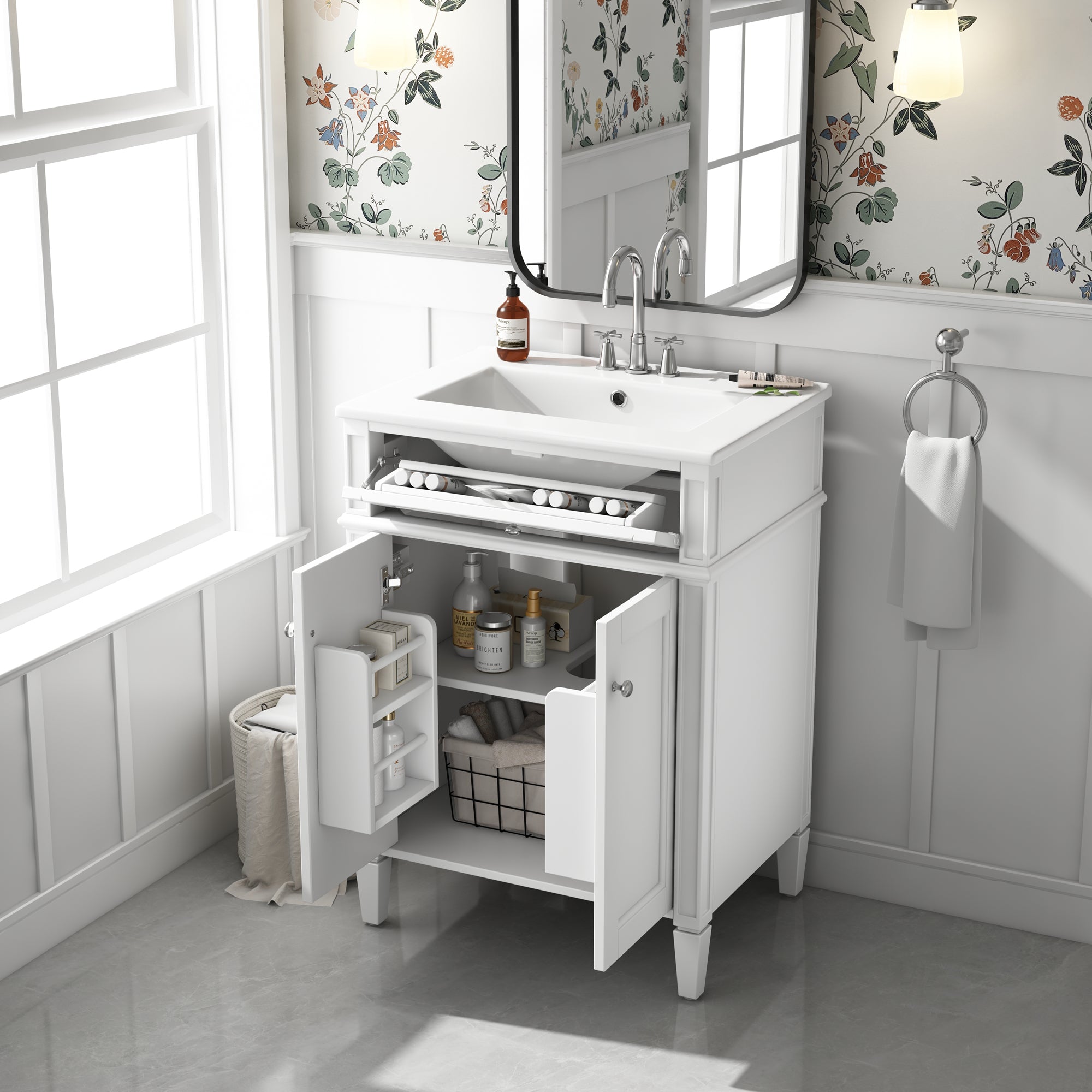 24 Bathroom Vanity Cabinet with Sink ¨C Soft-Closing Doors, Tip-Out Drawer & Organizers for Bathroom Organization