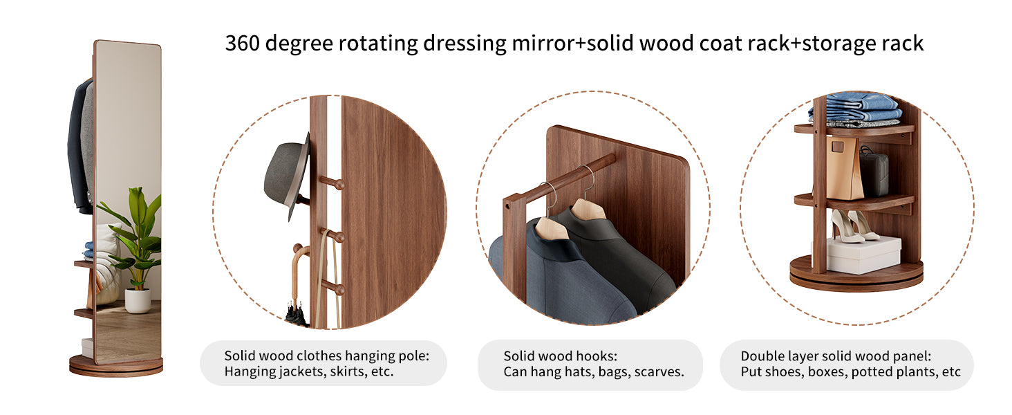 koorbiir mi1 360¡ã Rotating 66"x14" Full Length Mirror with Hook Storage Rack & Coat Rack, Solid Wood Floor Mirror for Bedroom, Living Room, Cloakroom - Space-Saving Design