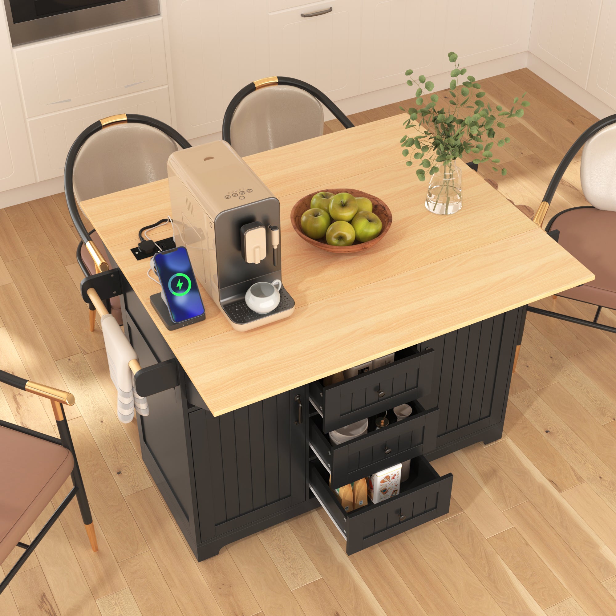 koorbiir k2 K&K 55.7" Large Kitchen Island with Storage, 2 Drop Leaves, Rolling Kitchen Cart with Power Outlet, Folding Dining Table, 3 Drawers & Spice/Towel Rack ¨C Mobile Kitchen Storage for Kitchen & Dining Room, Black