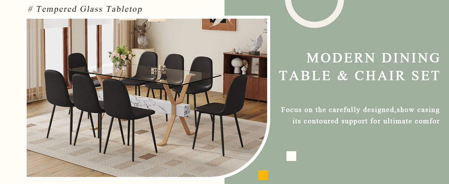 71" x 35.4" Transparent Tempered Glass Dining Table with X-Shaped Wood Color Metal Legs ¨C 6 Light Gray Linen Fabric Chairs, Modern Table Linens Set for Dining Room