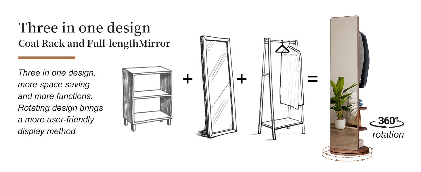 koorbiir mi1 360¡ã Rotating 66"x14" Full Length Mirror with Hook Storage Rack & Coat Rack, Solid Wood Floor Mirror for Bedroom, Living Room, Cloakroom - Space-Saving Design