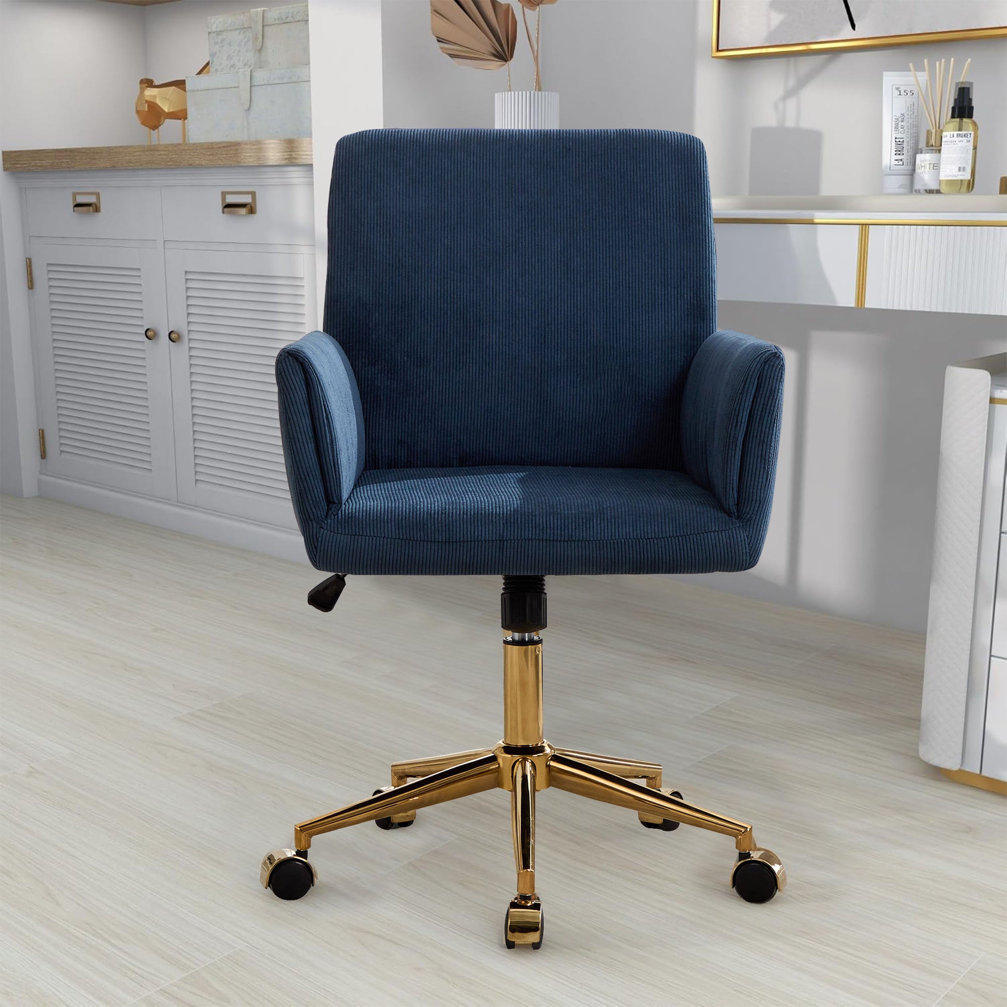 Koorbiir Corduroy home decor office desk and chair, modern height adjustable 360 ° armchair with gold base, ergonomic computer chair, leisure chair 1pc Blue