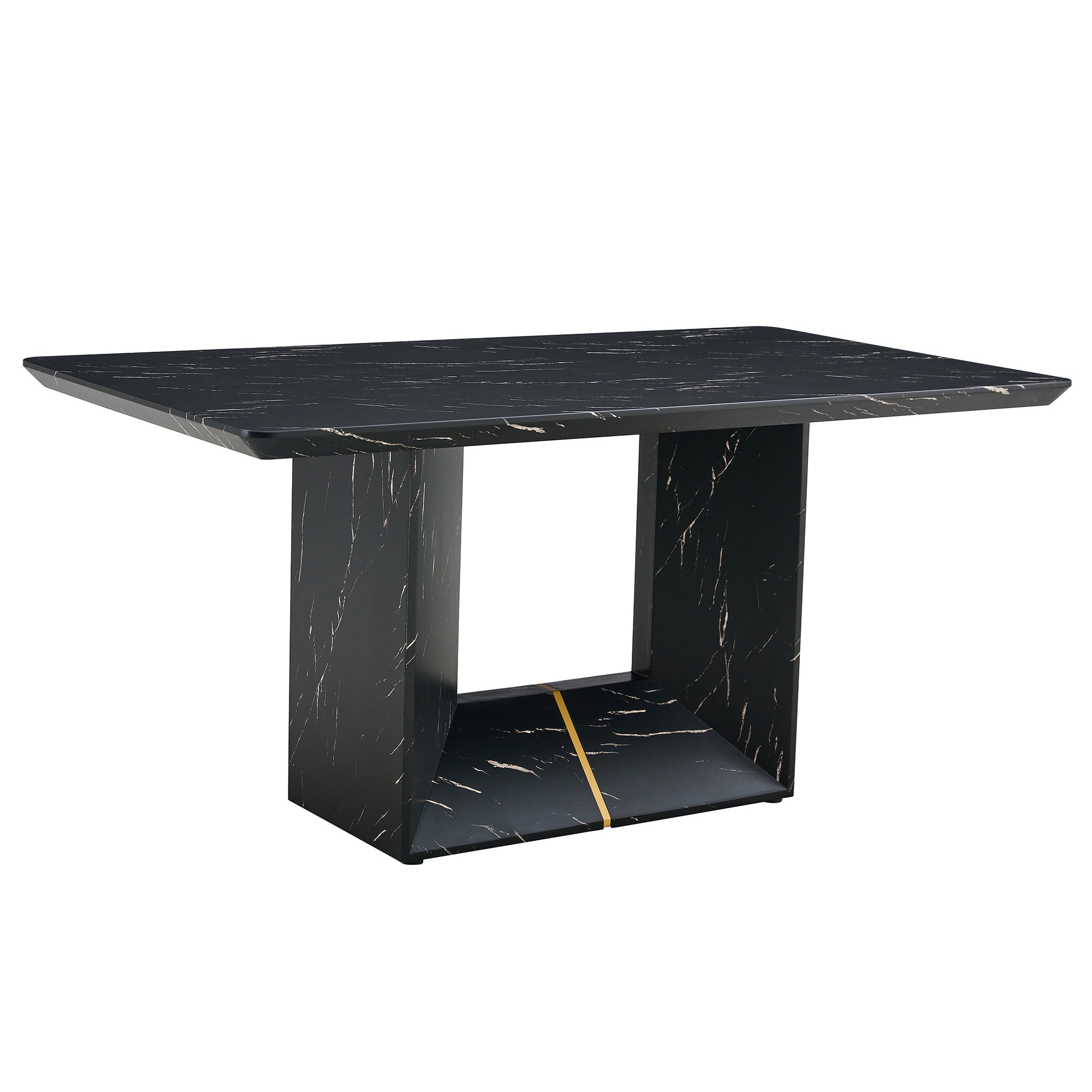 63" x 35.4" Black Marble Pattern Dining Table Set with 4 Dark Gray Linen Chairs ¨C Modern MDF Table with O-Shaped Legs, Metal Frame & Table Linens for Kitchen or Dining Room