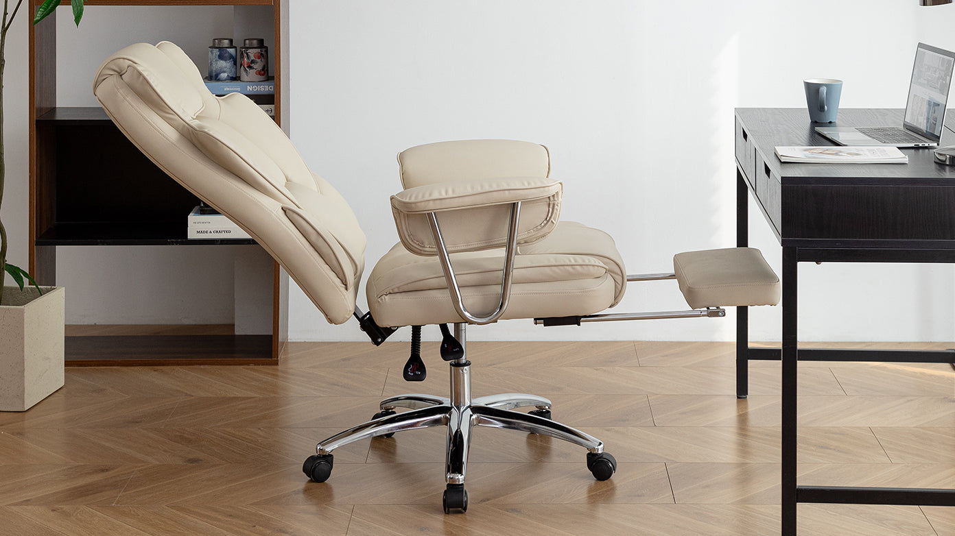 Office Chair, Big and Tall Executive Office Chair with Footrest, Leather Computer Chair, Ergonomic Reclining Chair High Back , Large Home Office Chair (Beige)