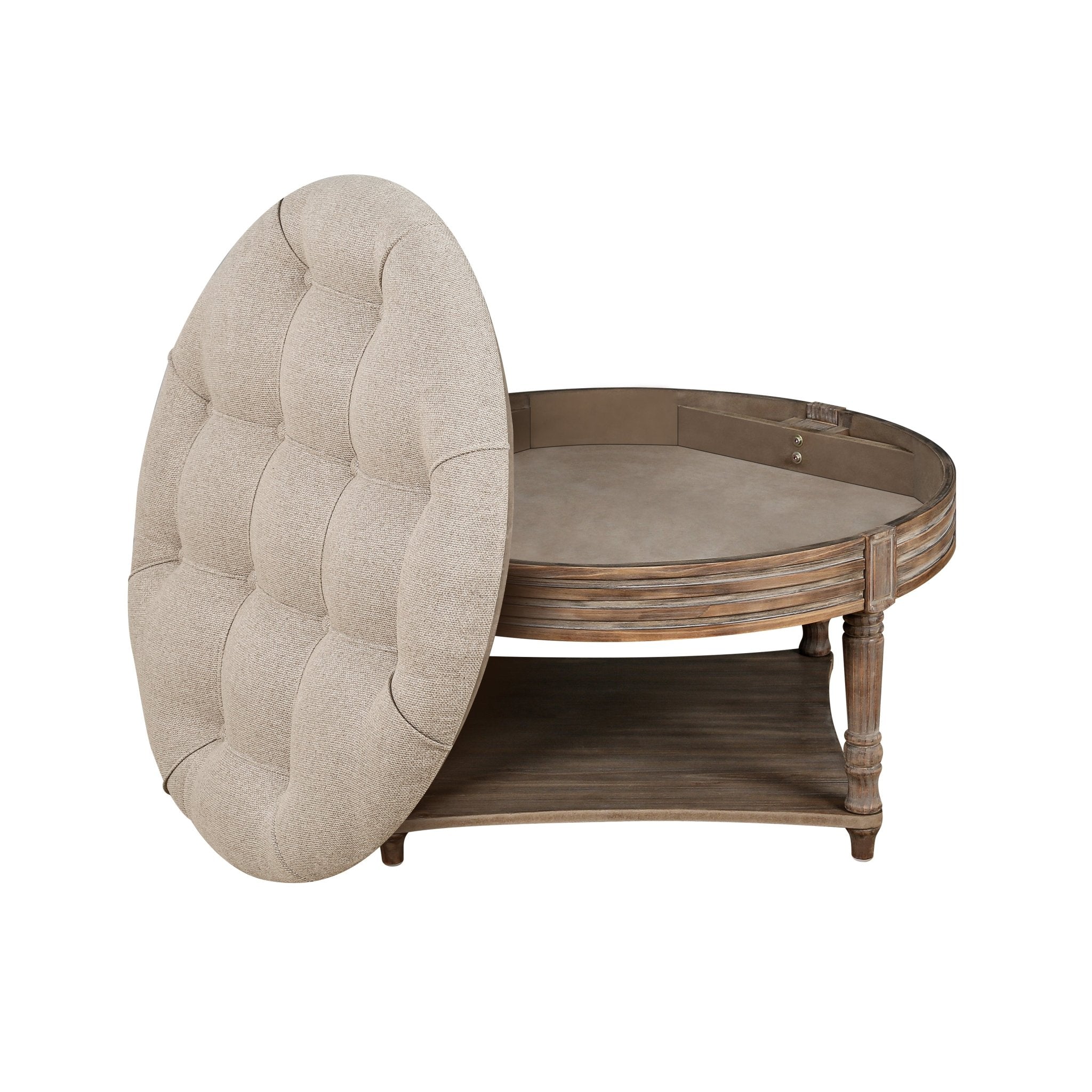 koorbiir ta2 Large Round Waterproof Ottoman Coffee Table with 2 - Tier Wooden Shelf ¨C Oversized Button Tufted Upholstered Footstool Ottoman, Farmhouse Style Table Linens (Light Gray) for Living Room - Koorbiir