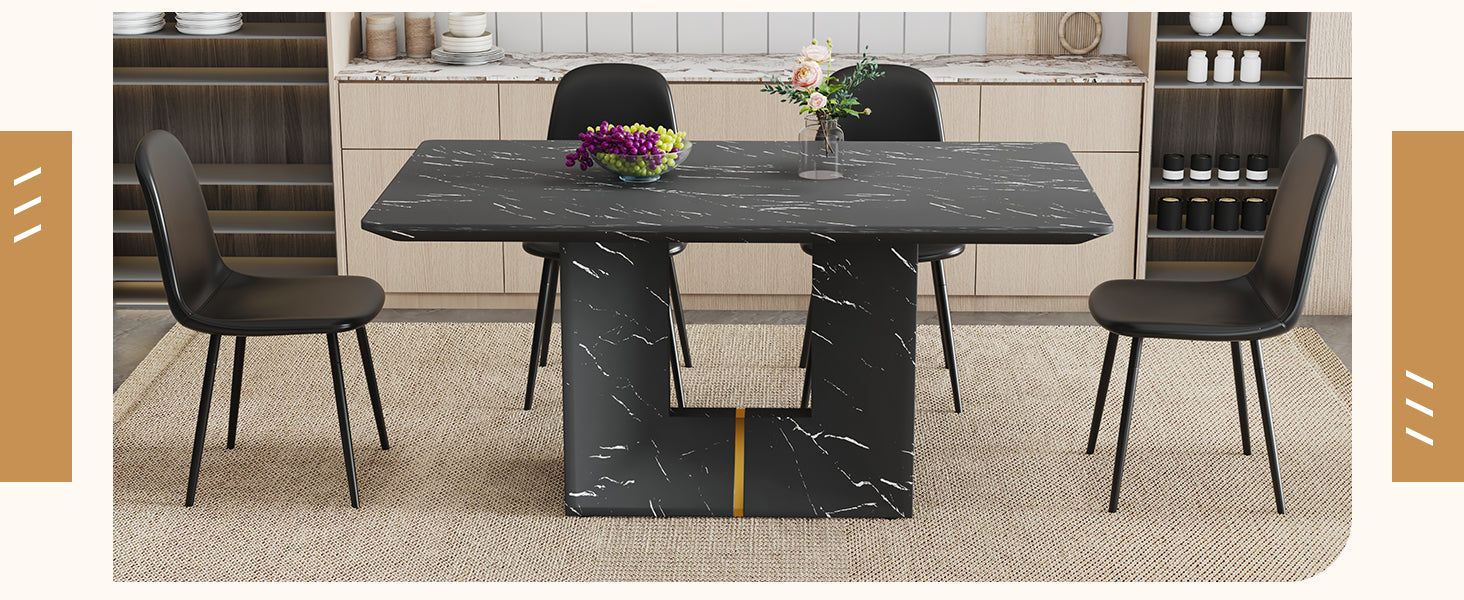 63" x 35.4" Black Marble Pattern Dining Table Set with 4 Dark Gray Linen Chairs ¨C Modern MDF Table with O-Shaped Legs, Metal Frame & Table Linens for Kitchen or Dining Room