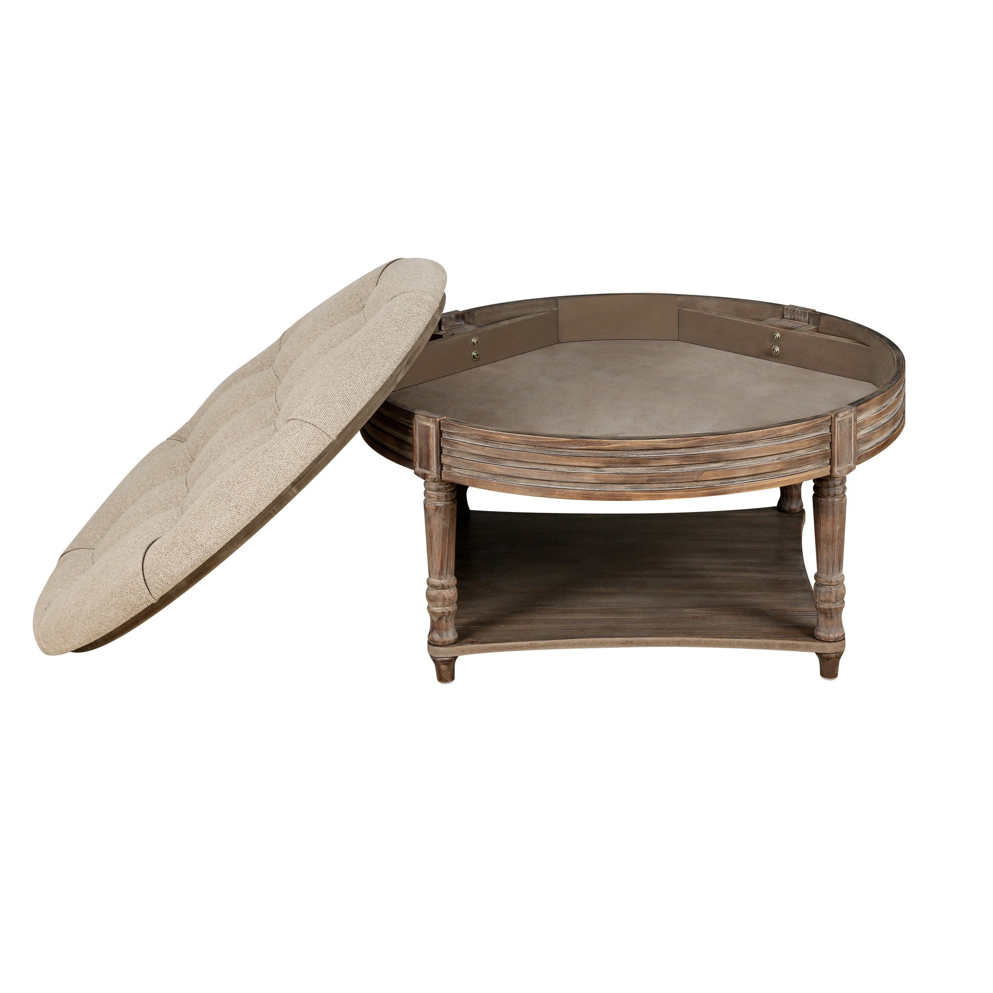 koorbiir ta2 Large Round Waterproof Ottoman Coffee Table with 2 - Tier Wooden Shelf ¨C Oversized Button Tufted Upholstered Footstool Ottoman, Farmhouse Style Table Linens (Light Gray) for Living Room - Koorbiir