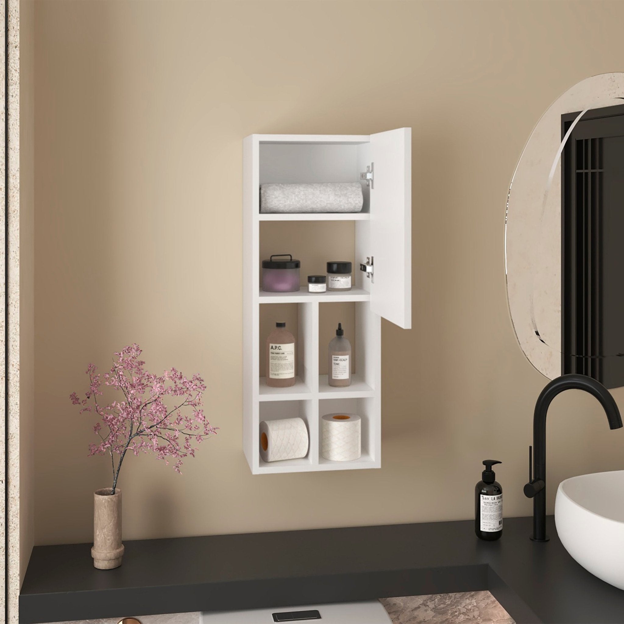 koorbiir ba8 Niwot Wall - Mounted Bathroom Cabinet ¨C Single Door Organizer for Toiletries, Towels, and Bathroom Organization, White - Koorbiir