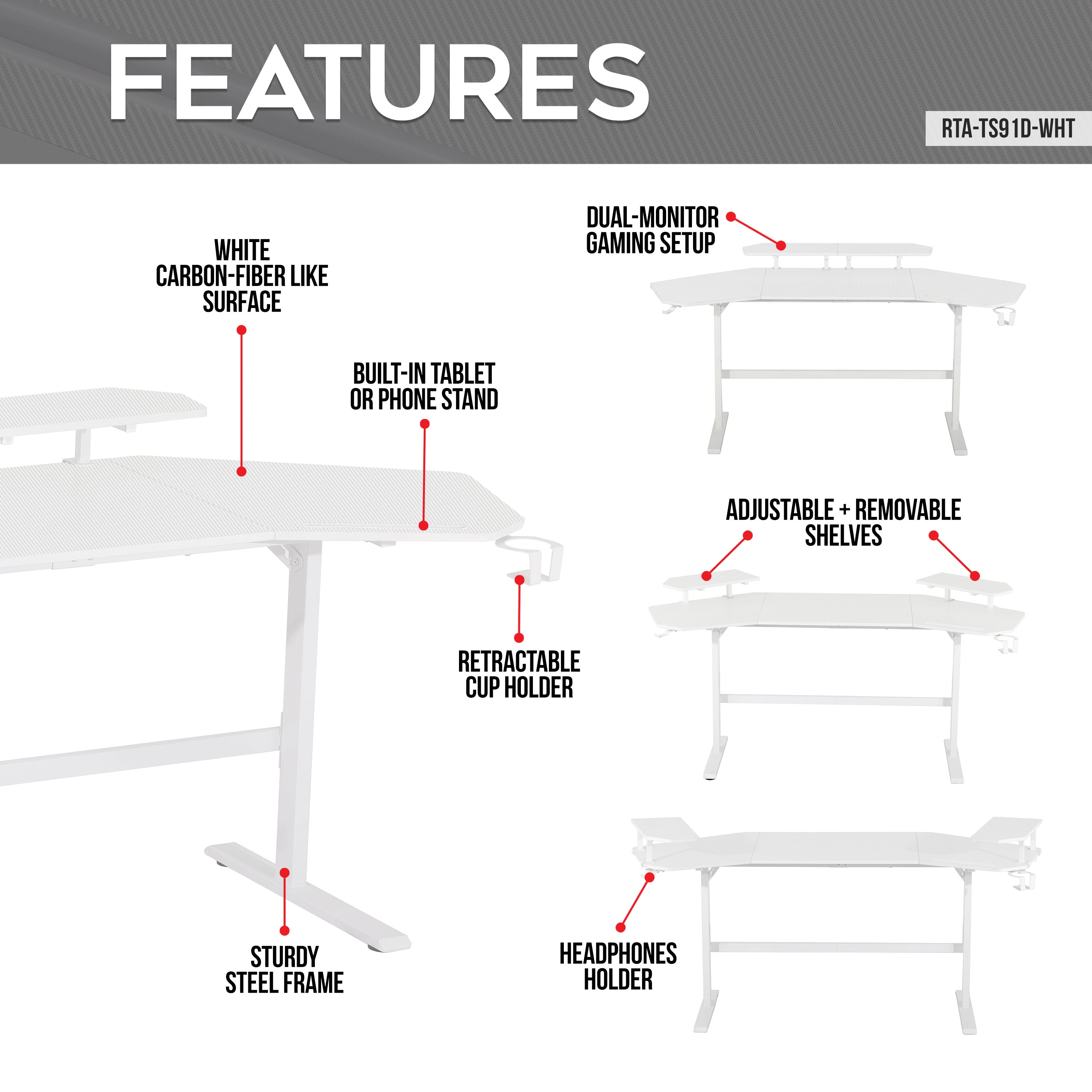 koorbiir G2 Sport TS911D White Gaming Desk with Shelves & Accessory Holder ¨C Ergonomic Gaming Desk