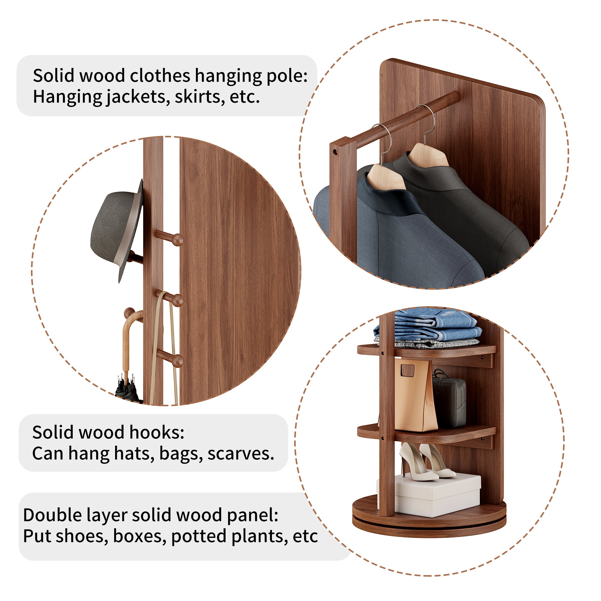 koorbiir mi1 360¡ã Rotating 66"x14" Full Length Mirror with Hook Storage Rack & Coat Rack, Solid Wood Floor Mirror for Bedroom, Living Room, Cloakroom - Space-Saving Design