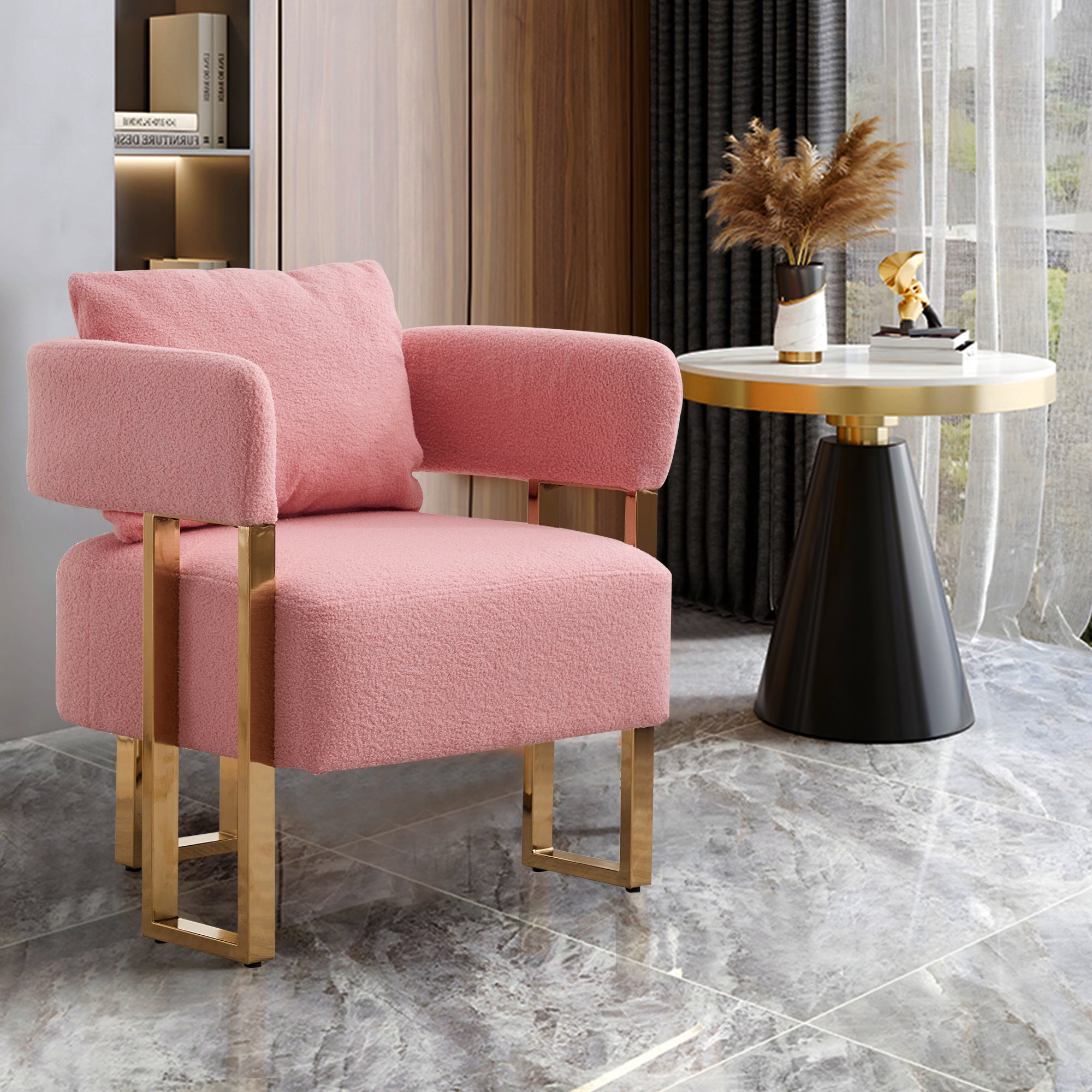 Koorbiir Modern decorative chair, living room side chair with gold metal legs, no wheels, suitable for dressing area, reception room, office,Teddy fleece upholstered metal foot sofas 2PCS Pink