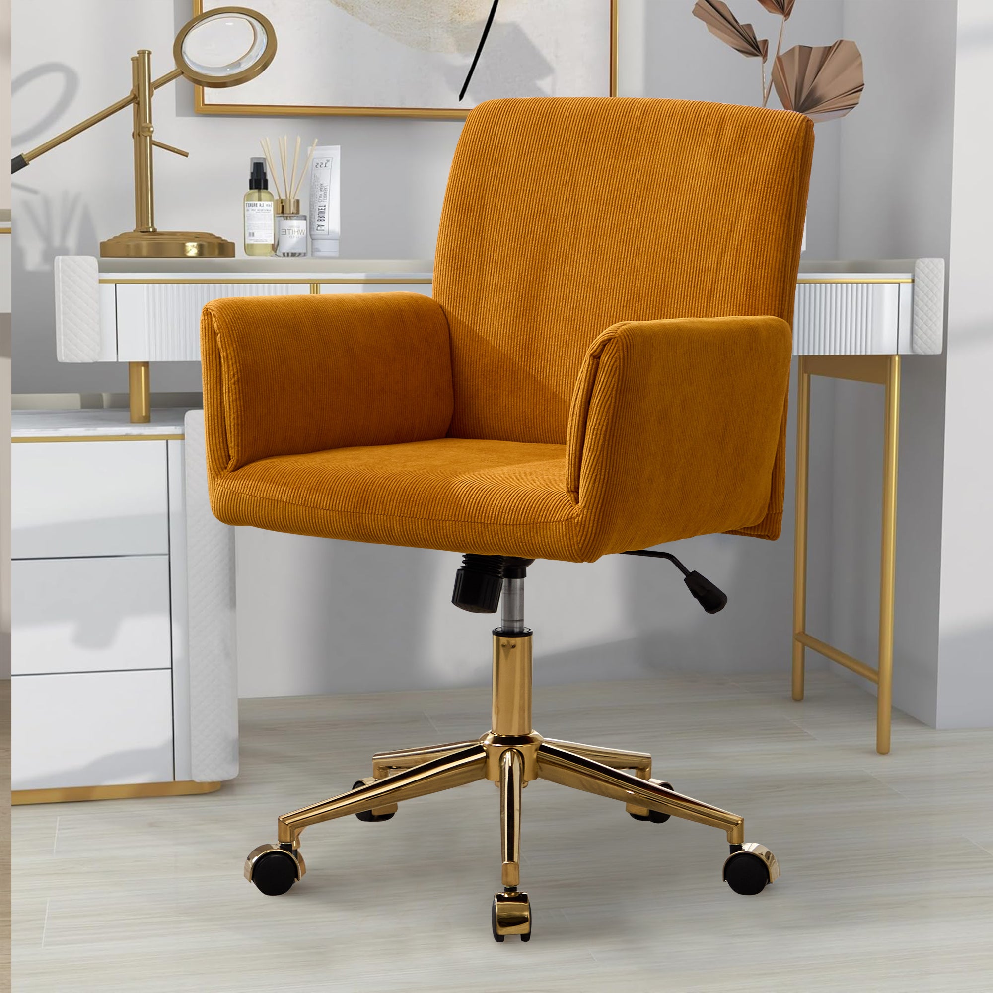 Koorbiir Corduroy home decor office desk and chair, modern height adjustable 360 ° armchair with gold base, ergonomic computer chair, leisure chair 1pc Yellow