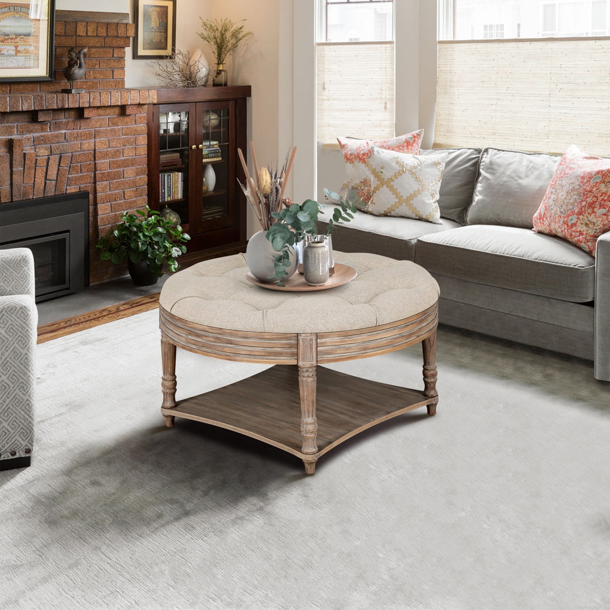 koorbiir ta2 Large Round Waterproof Ottoman Coffee Table with 2 - Tier Wooden Shelf ¨C Oversized Button Tufted Upholstered Footstool Ottoman, Farmhouse Style Table Linens (Light Gray) for Living Room - Koorbiir