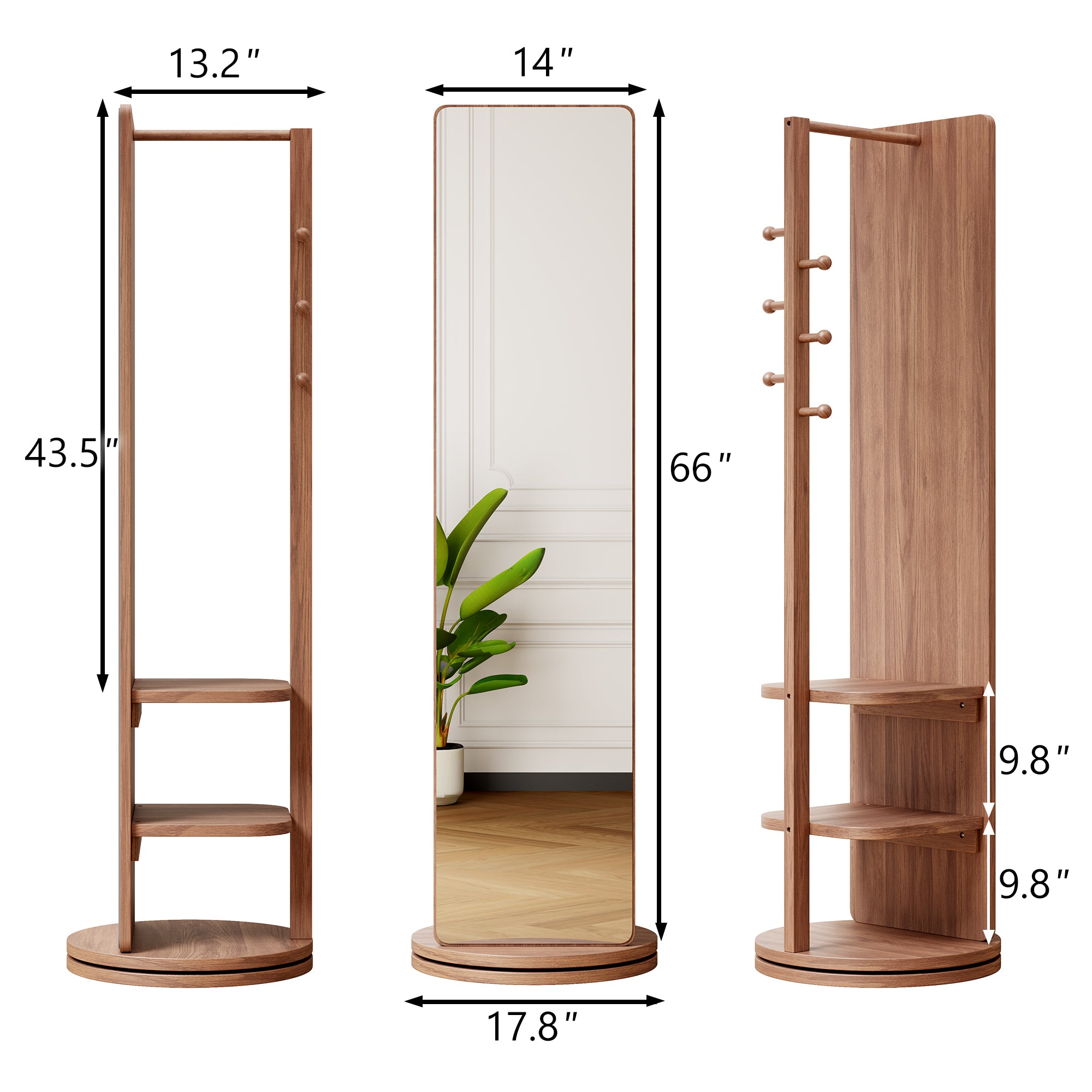 koorbiir mi1 360¡ã Rotating 66"x14" Full Length Mirror with Hook Storage Rack & Coat Rack, Solid Wood Floor Mirror for Bedroom, Living Room, Cloakroom - Space-Saving Design