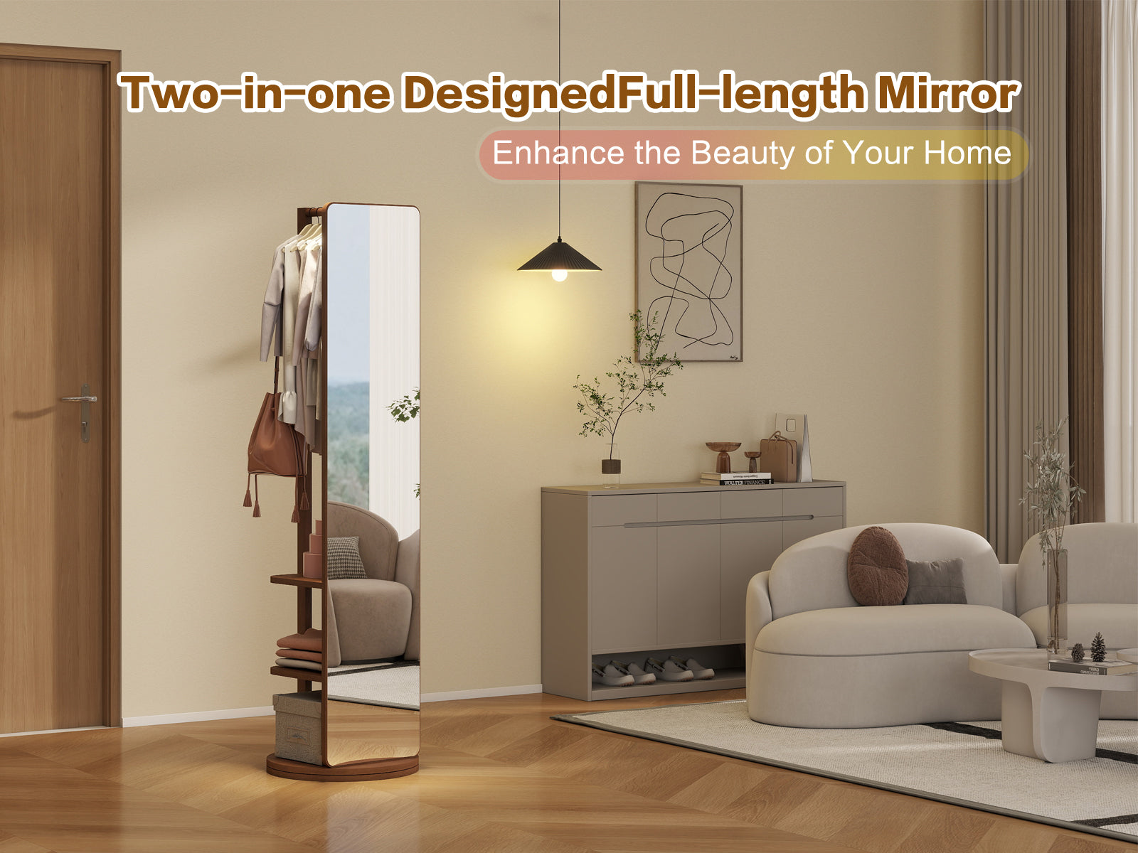koorbiir mi1 360¡ã Rotating 66"x14" Full Length Mirror with Hook Storage Rack & Coat Rack, Solid Wood Floor Mirror for Bedroom, Living Room, Cloakroom - Space-Saving Design